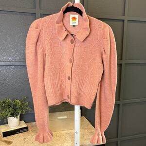 Farm Rio Women's XS Ruffle Knit Button Up Cardigan Sweater Pink Long Sleeve